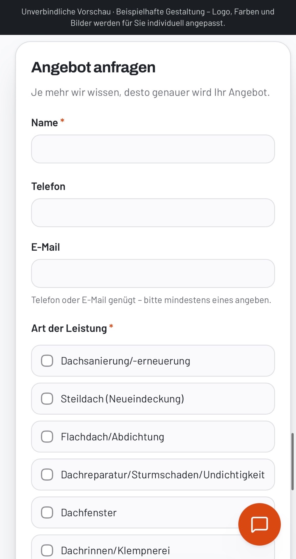 Anfrageformular mit Kontaktdaten