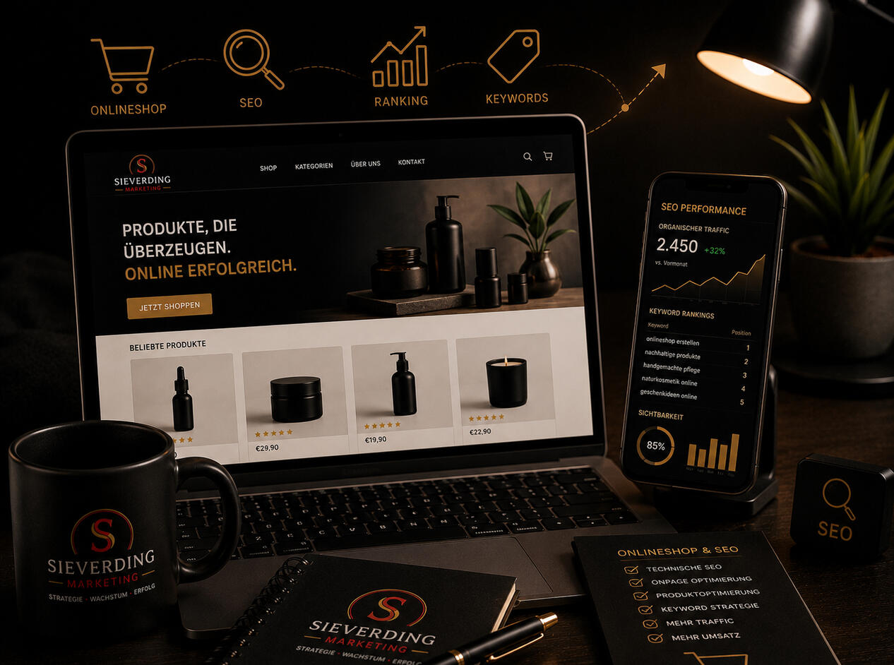 Onlineshop & SEO-Optimierung | Sieverding Marketing Modernes E-Commerce- und SEO-Setup mit Laptop, Smartphone und Branding von Sieverding Marketing zur Darstellung professioneller Onlineshops, Suchmaschinenoptimierung und mehr Sichtbarkeit bei Google.