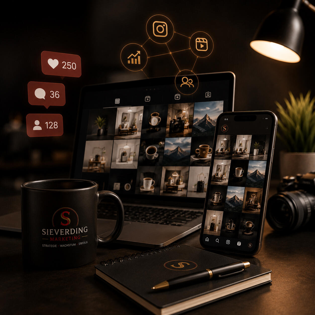 Social-Media-Betreuung für Selbstständige & Unternehmen | Sieverding Marketing Modernes Social-Media-Marketing-Setup mit Laptop, Smartphone und Branding von Sieverding Marketing zur Darstellung professioneller Social-Media-Betreuung, Content-Planung und Wachstum auf Instagram & digitalen Plattformen.