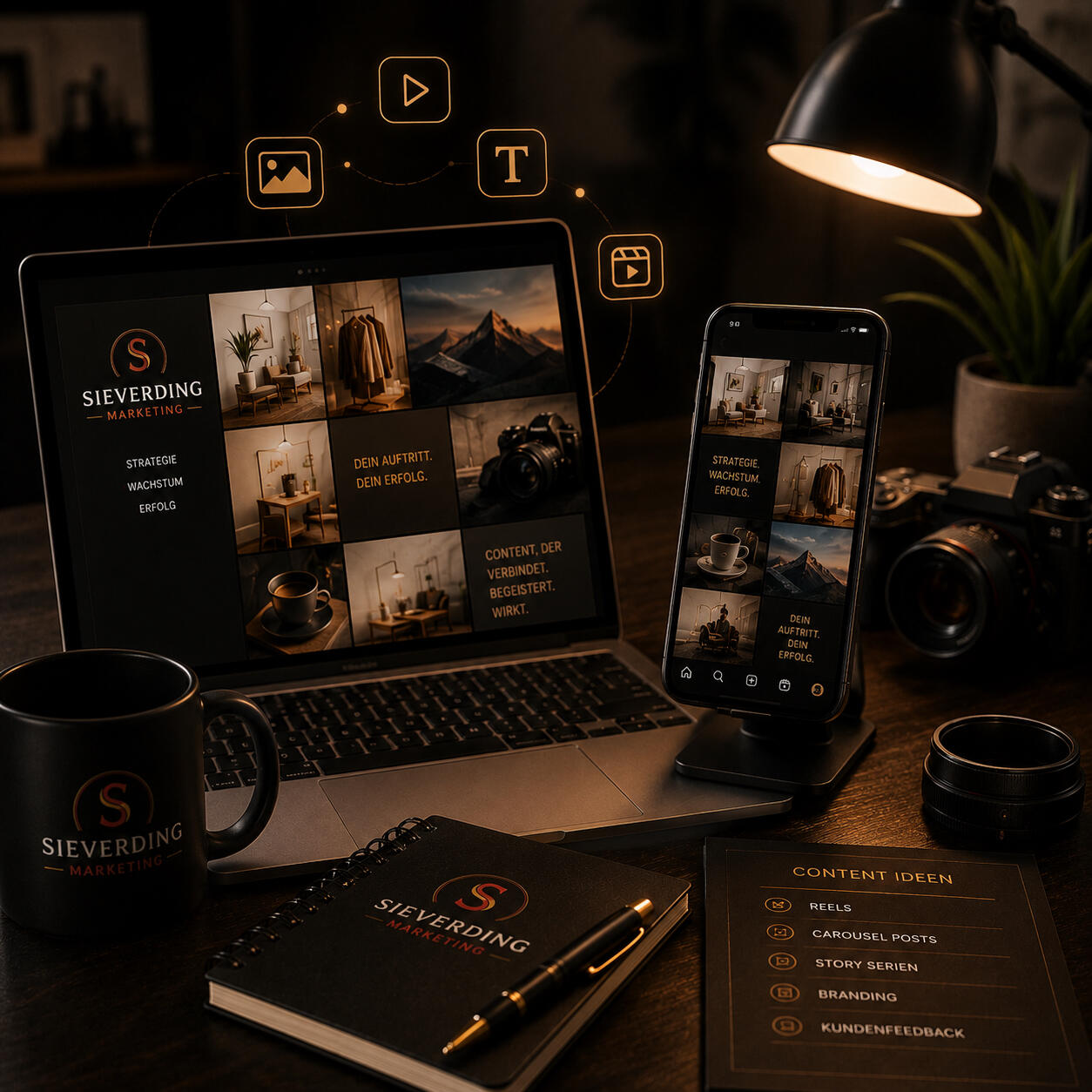 Modernes Content-Creation-Setup mit Laptop, Smartphone, Kamera und Branding von Sieverding Marketing zur Darstellung professioneller Content-Erstellung für Social Media, Reels, Beiträge und visuelles Branding.