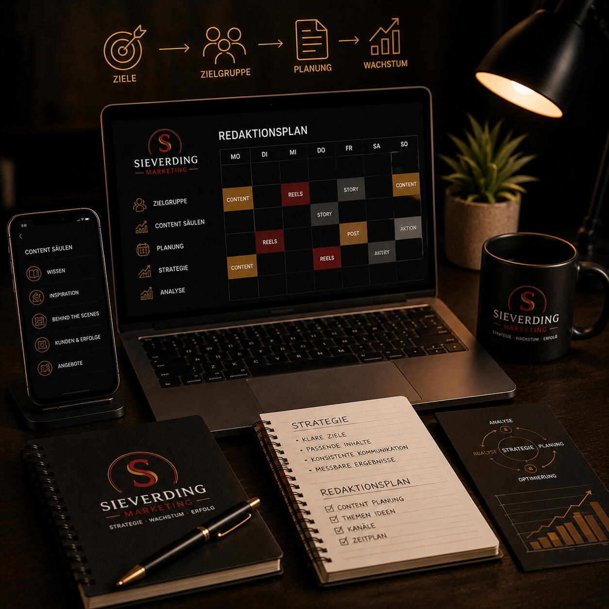 Social-Media-Strategie & Redaktionsplan | Sieverding Marketing Professionelles Strategie- und Redaktionsplan-Setup mit Laptop, Smartphone und Branding von Sieverding Marketing zur Darstellung von Content-Planung, Zielgruppenstrategie und strukturierter Social-Media-Organisation.