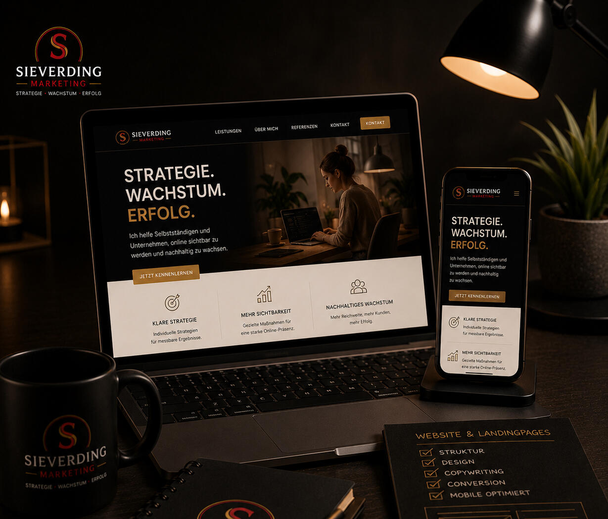 Professionelle Websites & Landingpages | Sieverding Marketing Modernes Webdesign-Setup mit Laptop, Smartphone und Branding von Sieverding Marketing zur Darstellung professioneller Websites und Landingpages für mehr Sichtbarkeit, Vertrauen und Kundenanfragen.