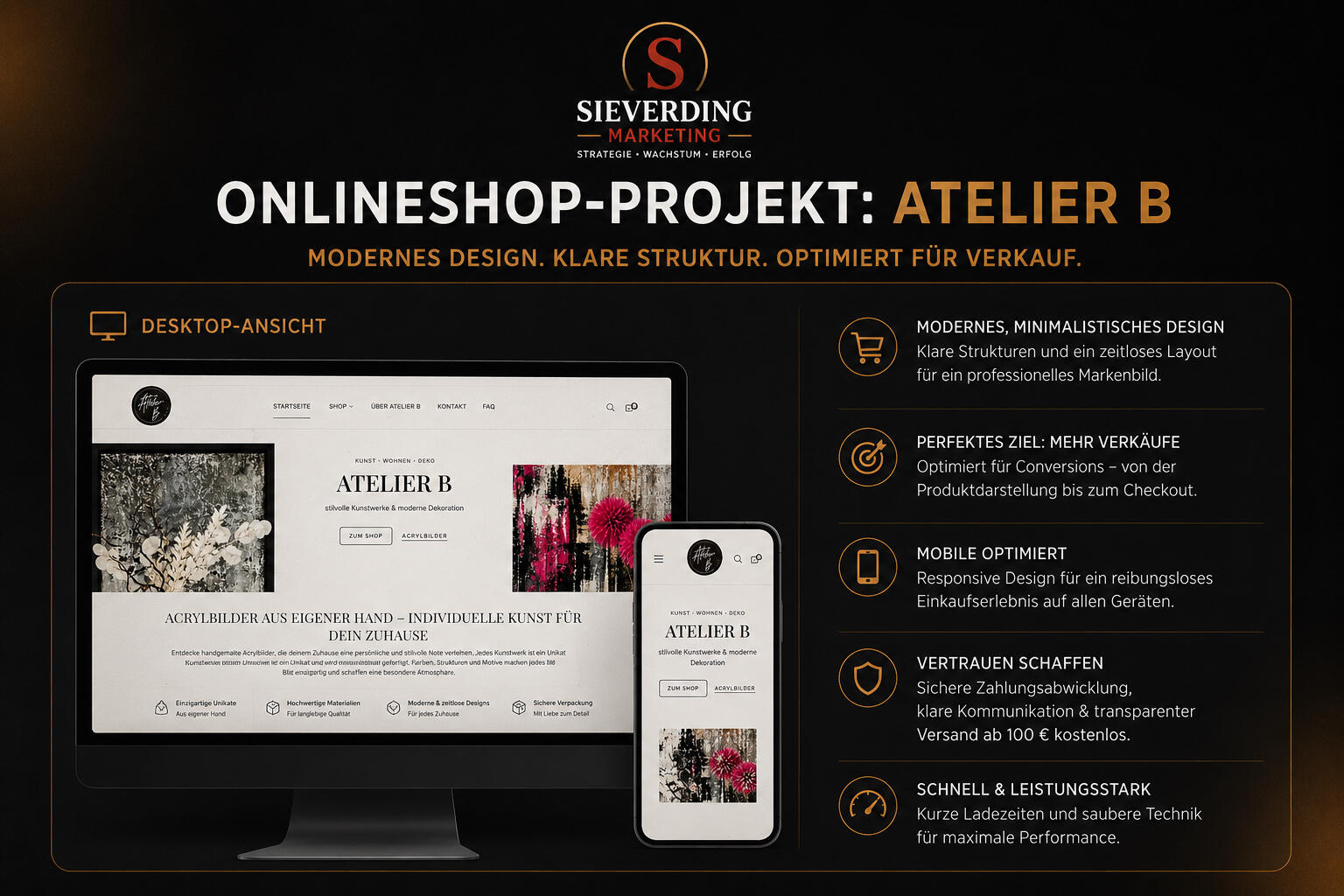 Professioneller Onlineshop für Atelier B mit modernem, minimalistischem Webdesign in Desktop- und mobiler Ansicht. Präsentiert von Sieverding Marketing mit Fokus auf Conversion, SEO-Optimierung, Nutzerfreundlichkeit und responsives Design.